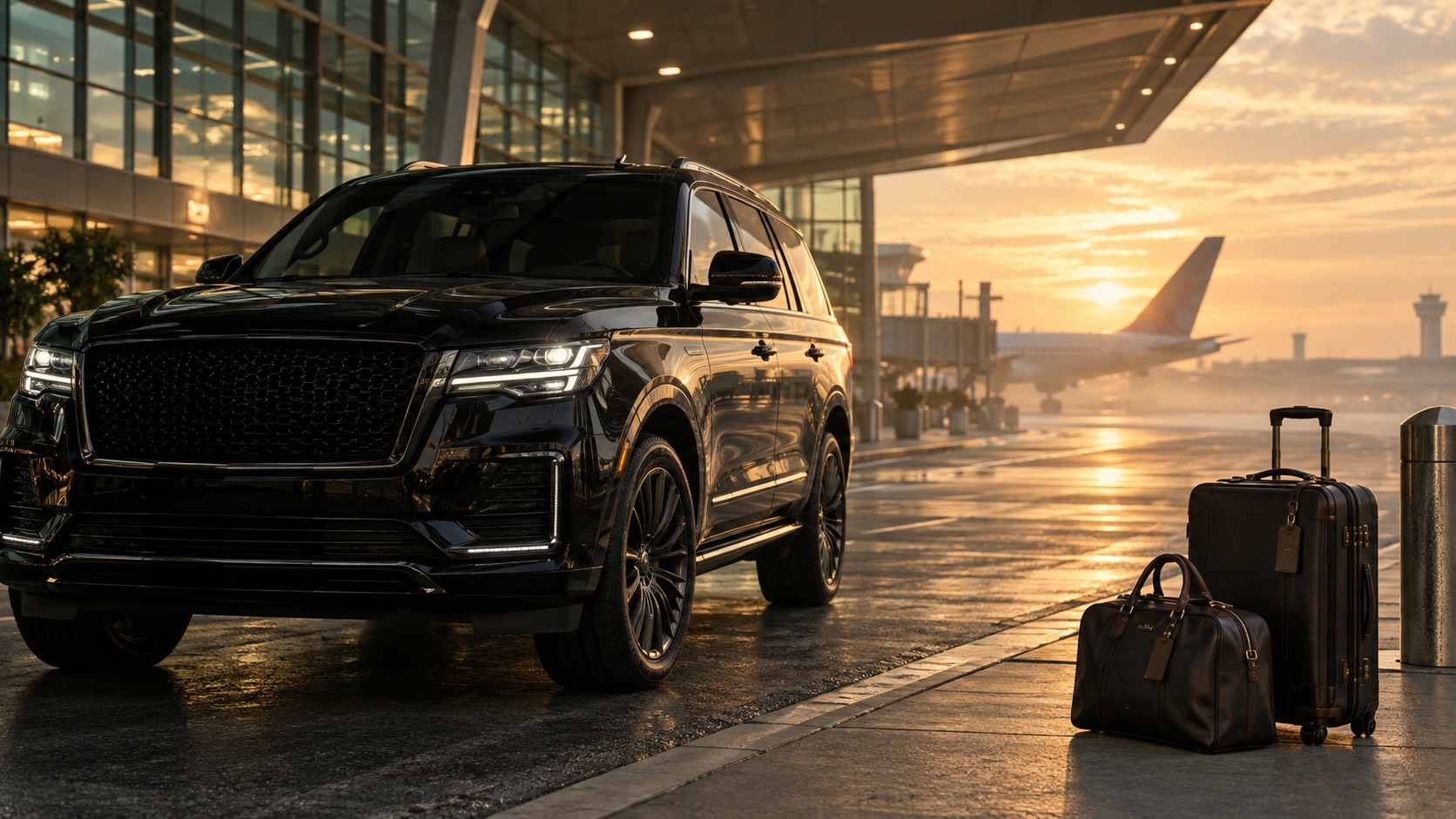 Custom black SUV airport departure scene with luggage in warm morning light