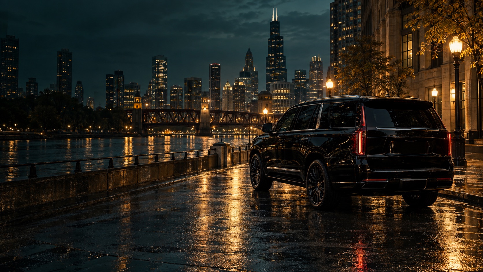 Custom evening Chicago skyline scene with a black SUV ready for a special night out