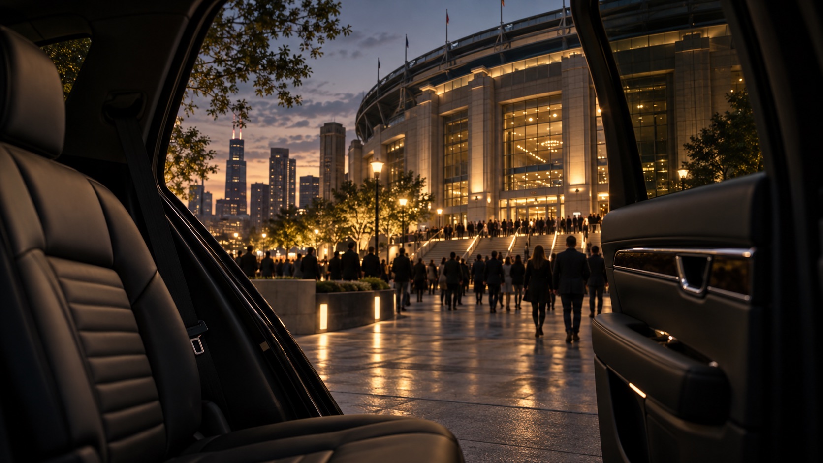 Custom view from a black SUV toward a warmly lit stadium entrance at twilight